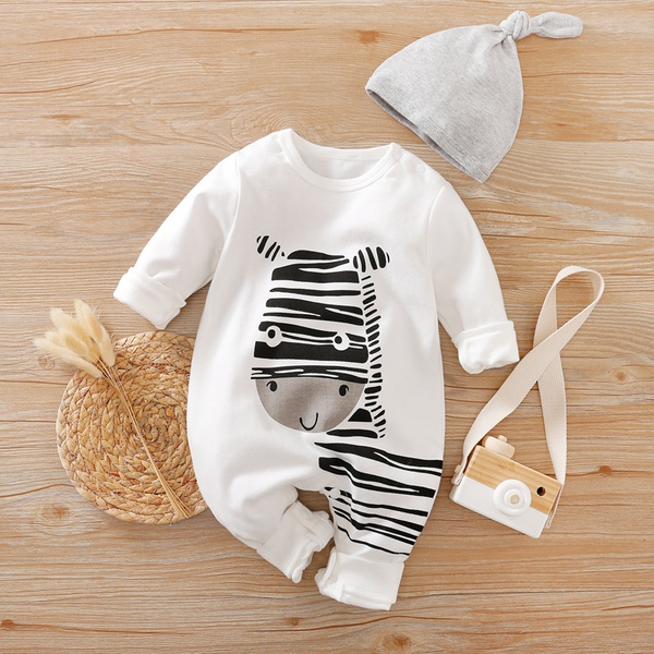 Playful Zebra Long Sleeve Cotton Jumpsuit in White with Hat for Baby Boy and Newborn(loose shape)