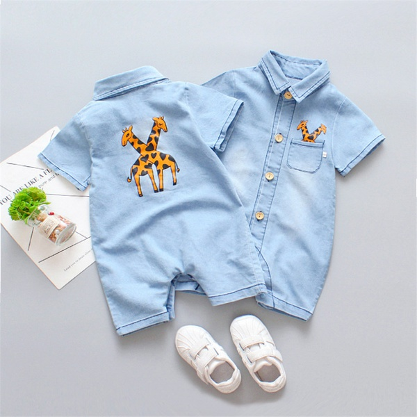 Baby Boy / Girl Cartoon Giraffe Pocket Design Denim Bodysuit