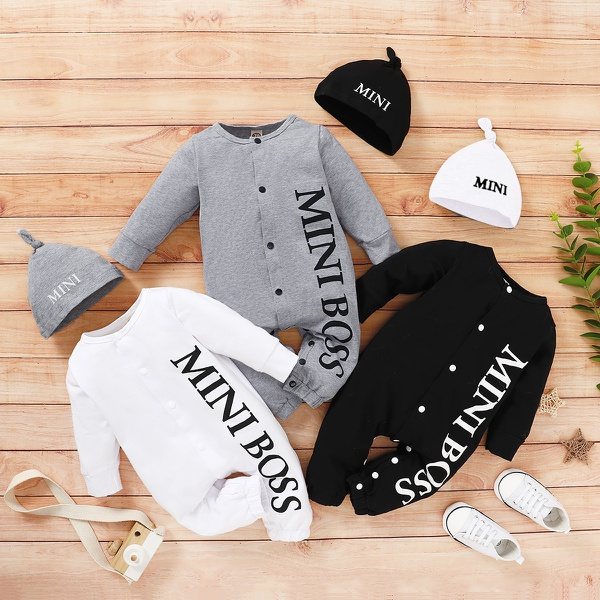 Baby MINI BOSS Letter Print Jumpsuit with Hat