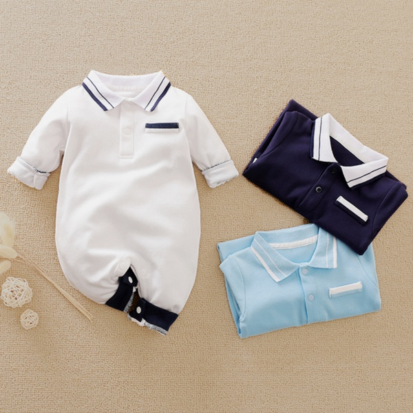 Baby Boy Newborn Cotton Style Gentleman Polo Collar Solid Long-sleeve Jumpsuit