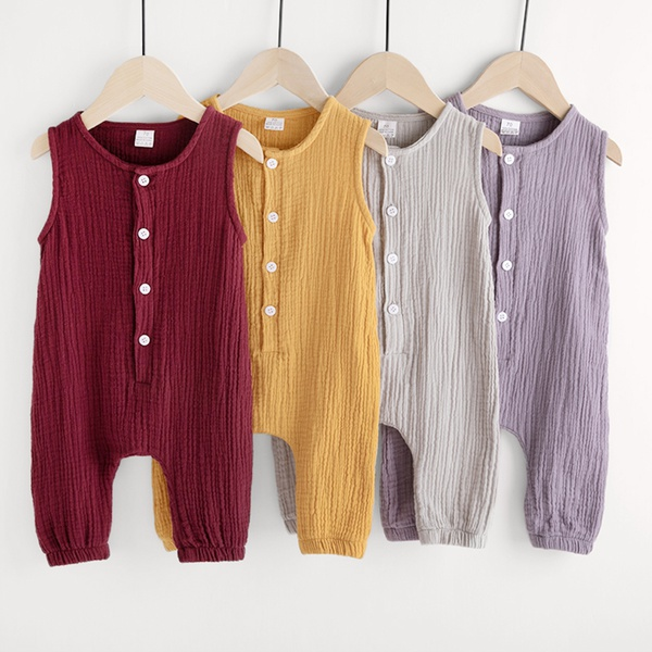 Buttons Front Sleeveless Cotton Jumpsuit