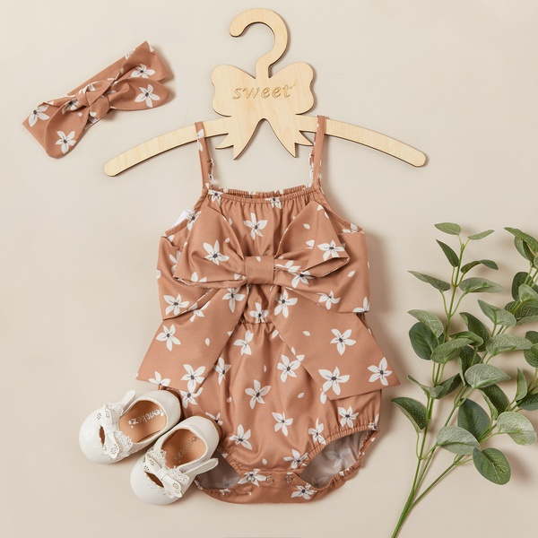 2-piece Baby / Toddler Bowknot Decor Flower Print Strappy Romper and Headband Set