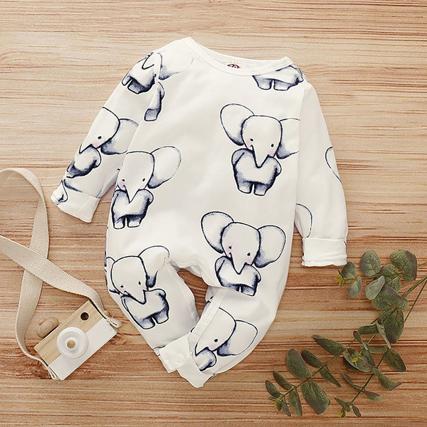 Baby Elephant Print Long-sleeve Jumpsuit