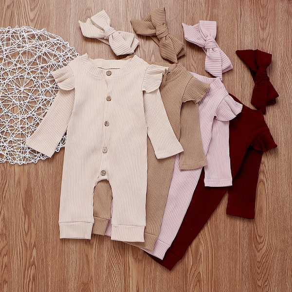 Baby Solid Flounced Jumpsuit with Headband Set