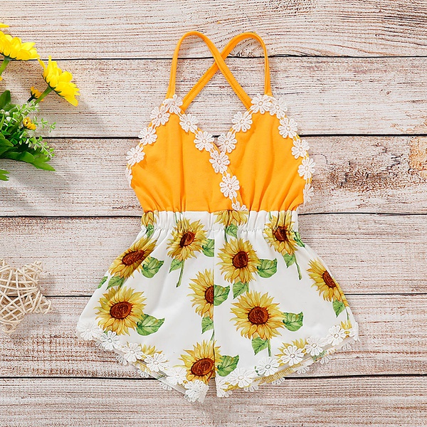 Baby Girl Lace Trim Backless Sunflower or Pineapple Print Romper