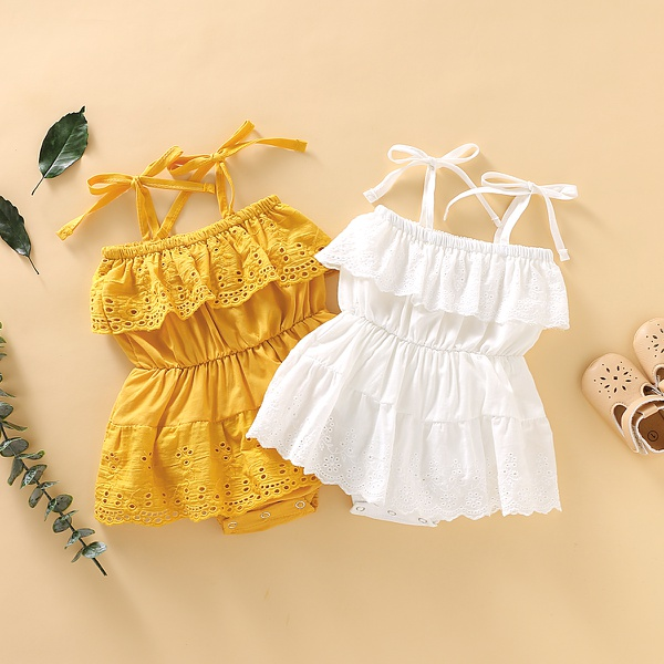 Baby Girl Solid Lace Design Hollow Strappy Sleeveless Romper