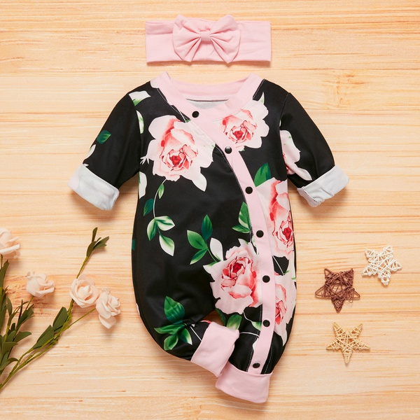 Baby Girl Floral Allover Long-sleeve Jumpsuit and Headband