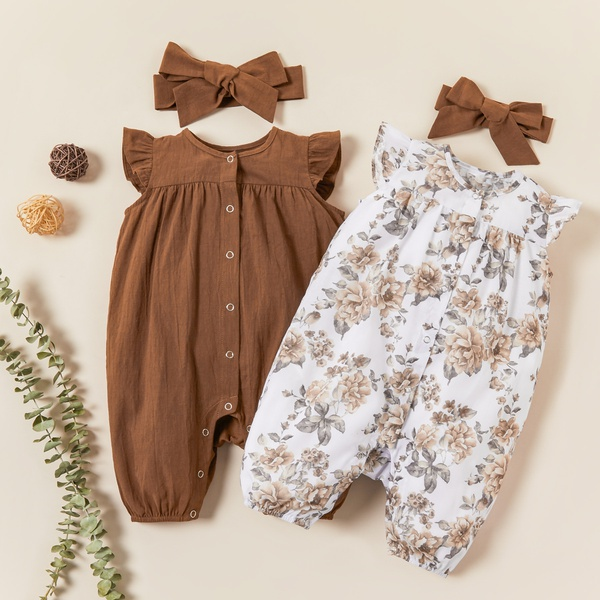 Baby / Toddler Solid Floral Flutter-sleeve Bodysuit and Headband Set