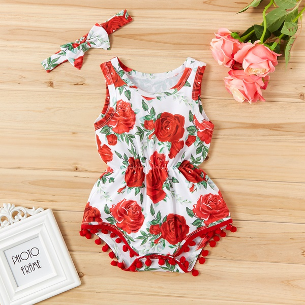 2-piece Baby Floral Sleeveless Romper with Headband Set