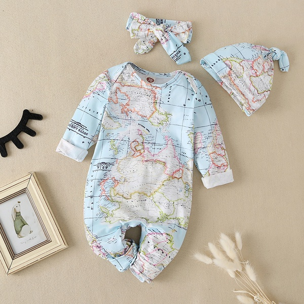3-piece Baby Cotton Map Print Long-sleeve Jumpsuit , Headband and Hat