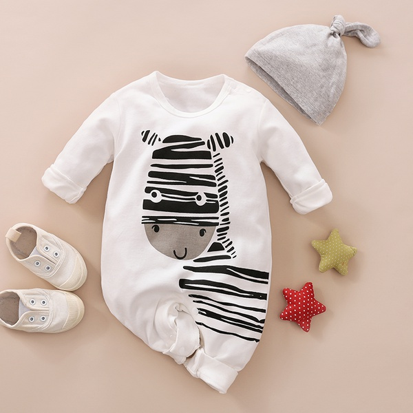Playful Zebra Long Sleeve Cotton Jumpsuit in White with Hat for Baby Boy and Newborn(loose shape)