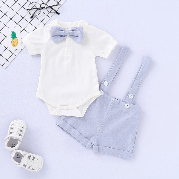 Handsome Solid Bow Tie Bodysuit and Suspender Shorts Set