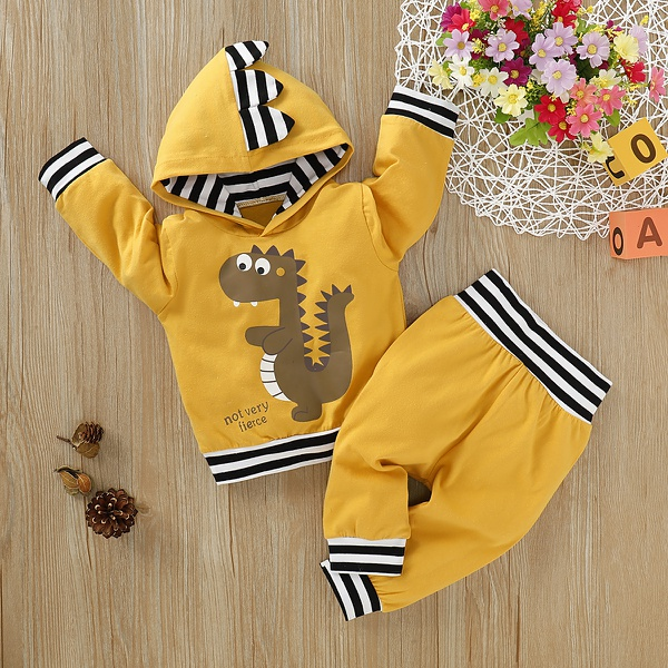 Baby Boy Dinosaur Print Striped Cuff Pullover And Pants Set