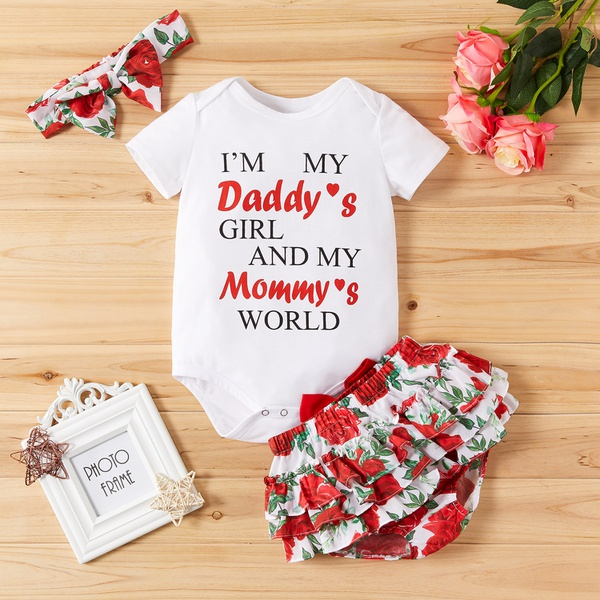 3-piece Baby I'M MY DADDY'S AND MY MOMMY'S WORLD Romper and Layered Floral Shorts with Headband Set