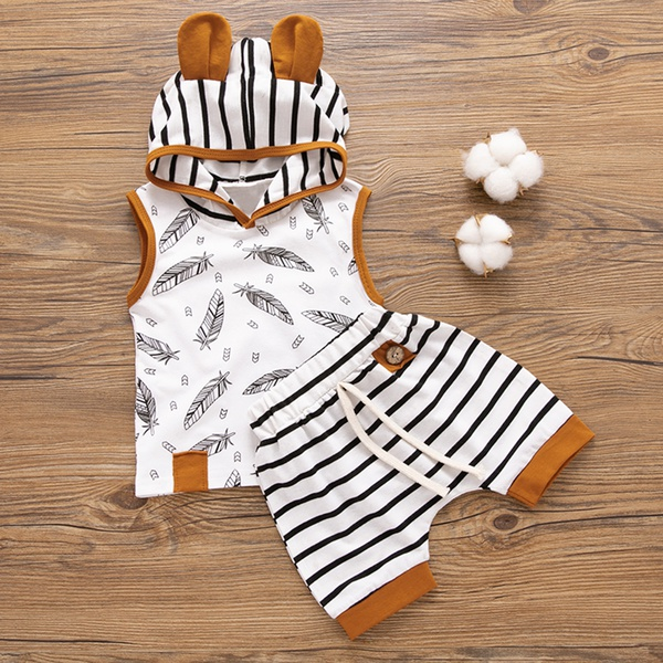 2-piece Ears Hooded Striped Outfit