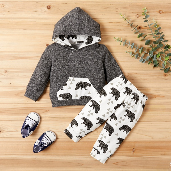 Cute Bear Print Hoodie and Pants Set For Baby