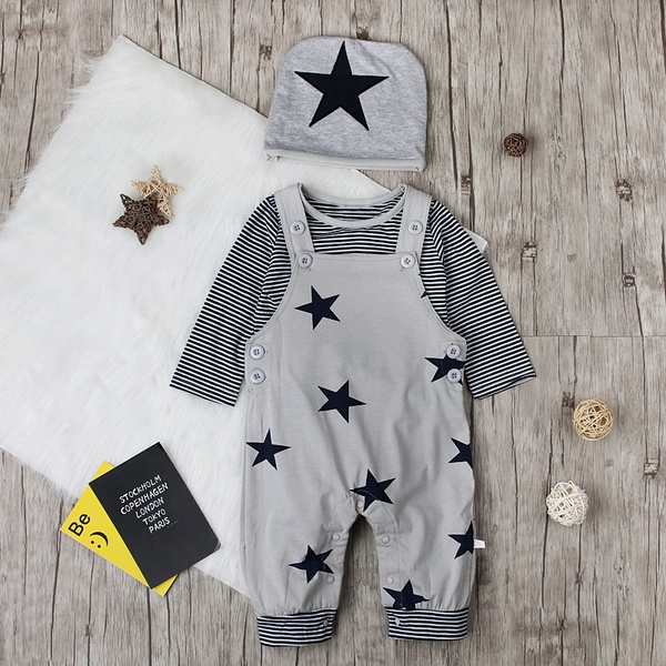 3-piece Trendy Striped Long-sleeve Tee, Suspender Trouser and Hat Set for Baby Boy