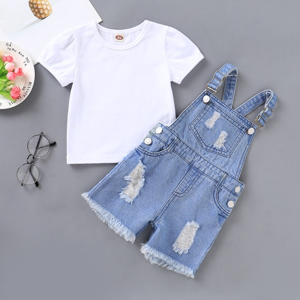 Baby / Toddler Solid Tee and Denim Ripped Overalls Set