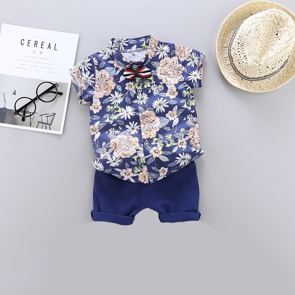 Floral Print Short-sleeve Shirt and Solid Pants Set