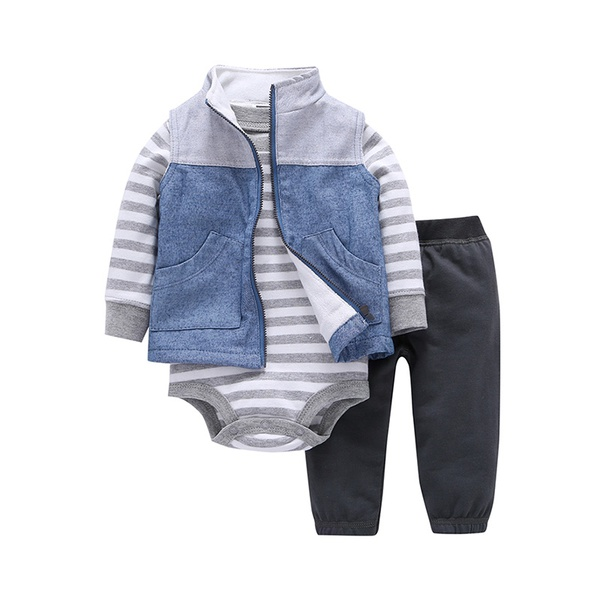 3-piece Striped Long Sleeves Romper Sleeveless Coat and Pants for Baby Boy