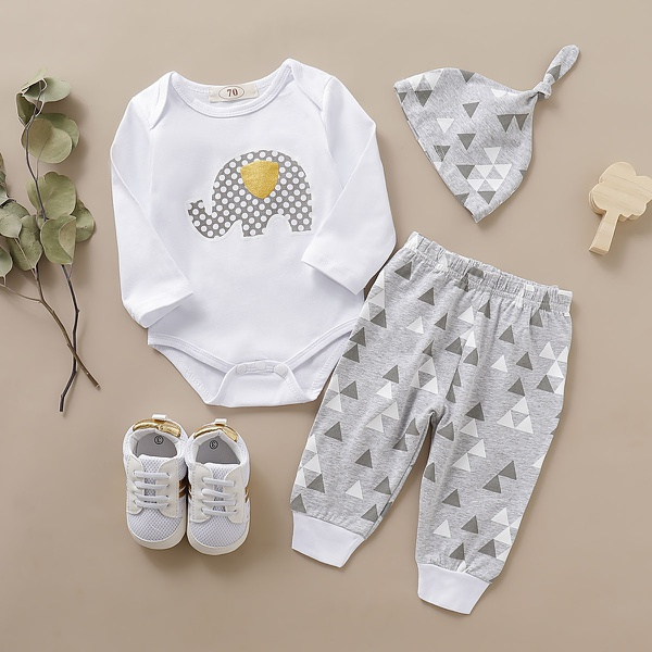 3-piece Baby Elegant Print Bodysuit, Geometric Pants and Hat Set