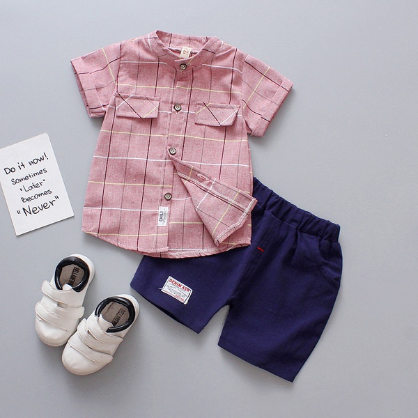 Baby / Toddler Boy Plaid Linen Shirt and Shorts Set