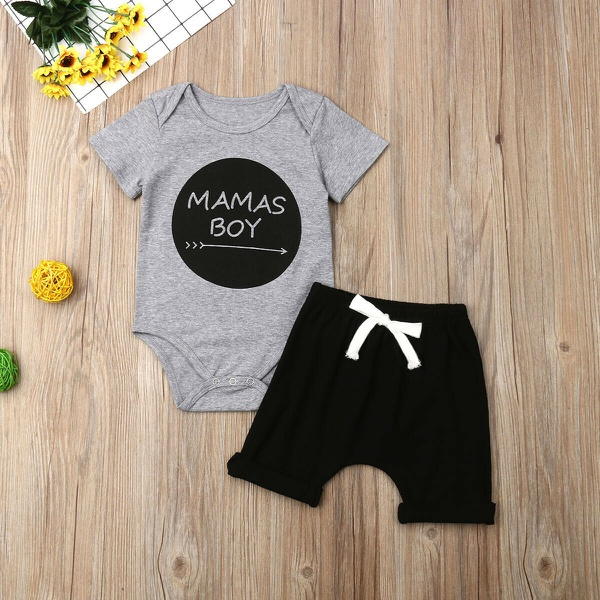 Baby MAMAS BOY Print Romper and Strappy Shorts Set