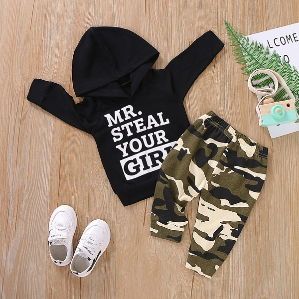 Baby Boy MR STEAL YOUR GIRL Print Hoodie and Camouflage Pants Set