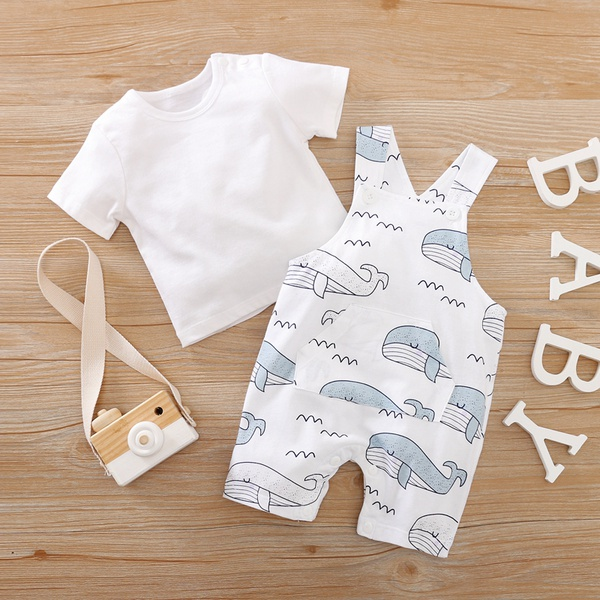 Baby Casual Solid Top and Animal Whale Suspender Pants Set