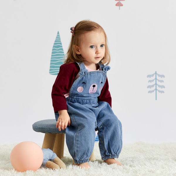 Baby Solid Top and Bear Denim Overalls Set