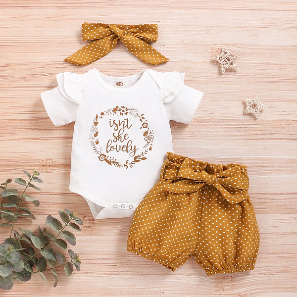 3-piece Letter Print Bodysuit and Dotted Shorts Set