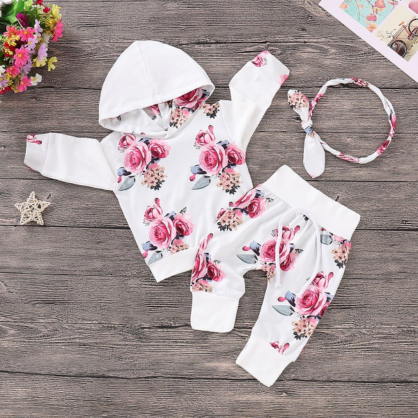 3-piece Trendy Flower Patterned Hoodie, Pants and Headband Set for Baby