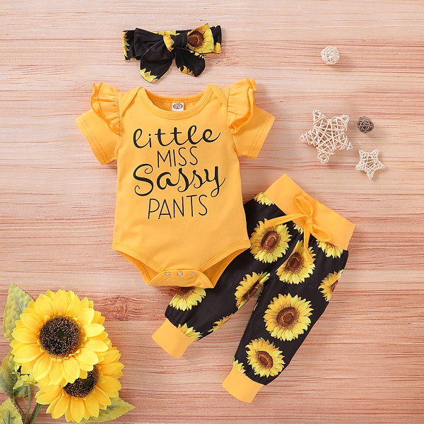 3-piece Sunflower Print Short-sleeve Bodysuit Baby Set