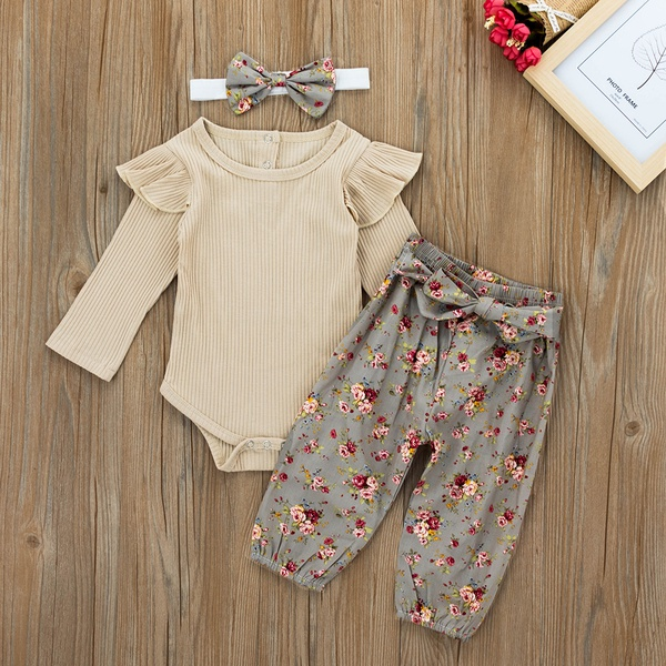 Baby Girl Solid Long-sleeve Bodysuit and Flower Print Belted Pants Set
