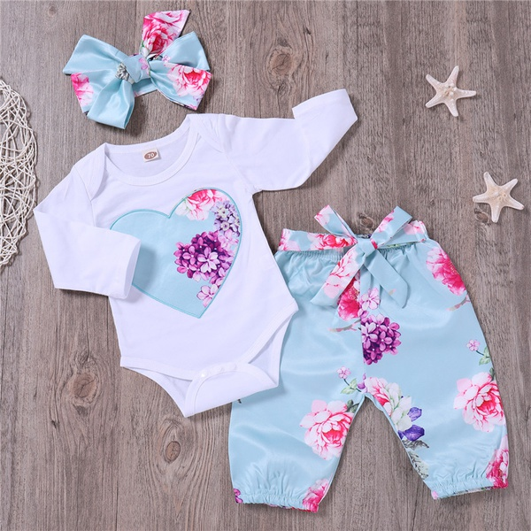 Pretty Floral Bodysuit and Pants and Headband Set for Baby Girl