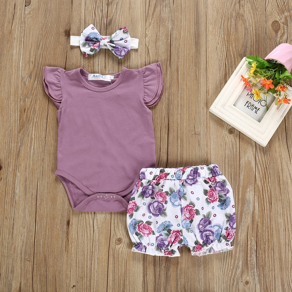 3-piece Baby / Toddler Ruffled Bodysuit, Floral Shorts and Headband Set