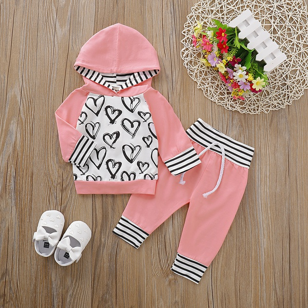 Baby Girl Heart Print Hoodie and Striped Pants Set