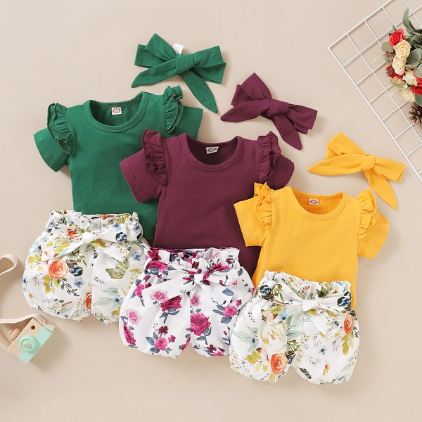 Solid Short-sleeve Top and Allover Shorts with Headband Set