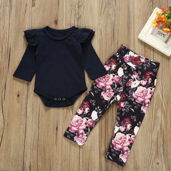 Baby Girl Solid Layered Shoulder Bodysuit and Floral Pants Set
