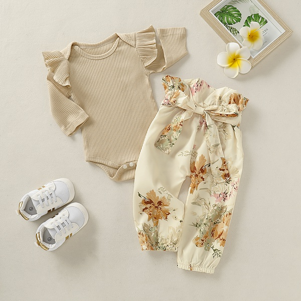 2-piece Solid Flounced Bodysuit and Allover Pants Set