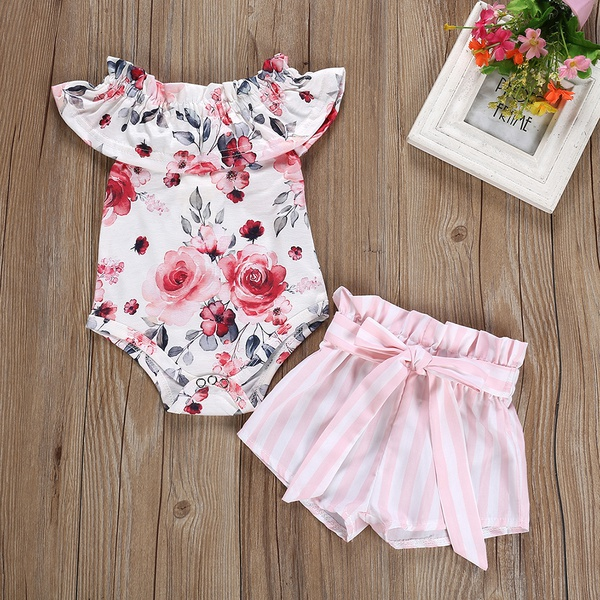 Baby Floral Bodysuit and Striped Shorts Set
