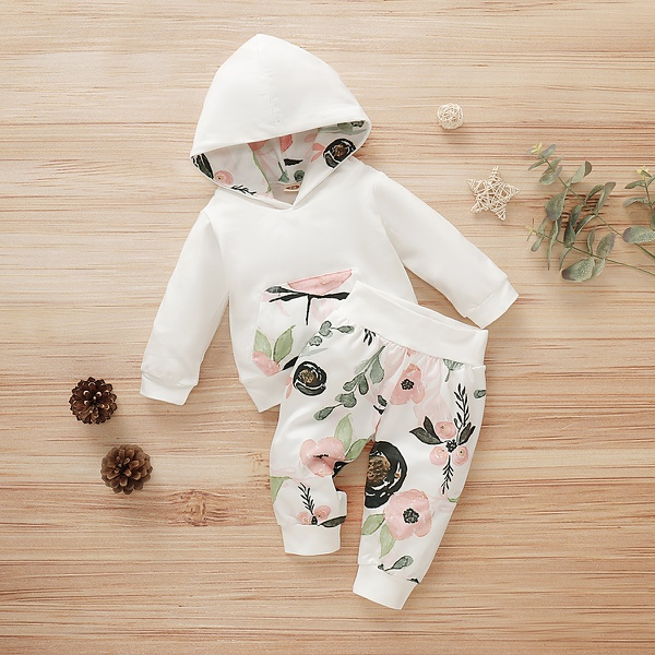 Baby Fashionable Floral Print Hoodie and Pants Set
