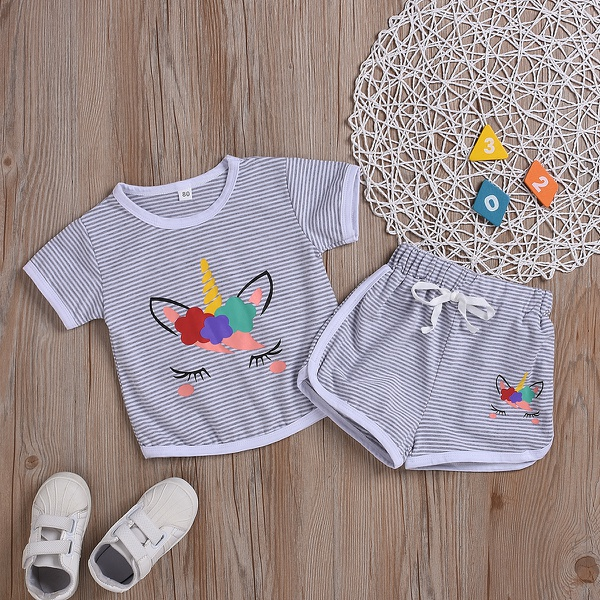 Unicorn Print Short-sleeve Top and Tie-up Shorts Set