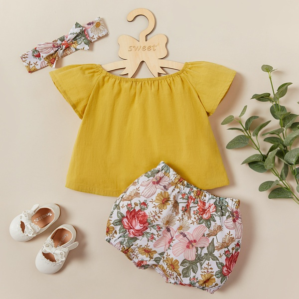 3-piece Baby / Toddler Solid Top and Floral Print Shorts with Headband Set