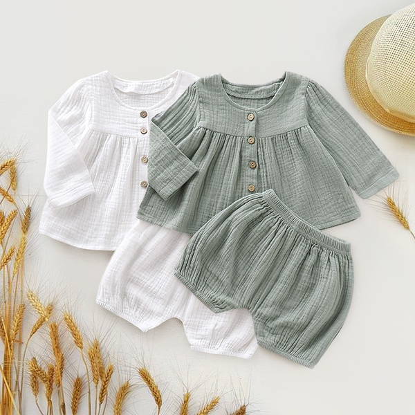 Baby Solid Long-sleeve Linen Top and Shorts Set