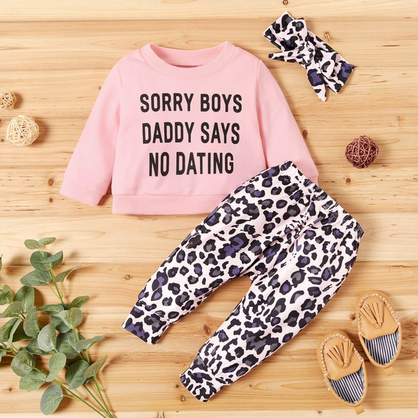 Baby Girl Letter Print Top and Leopard Pants with Headband Set