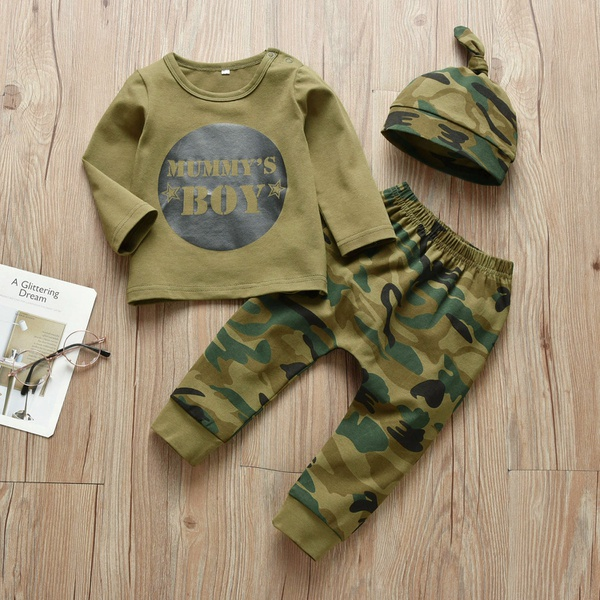 3-piece Baby Letter Print Top and Camo Pants with Hat or Headband Set