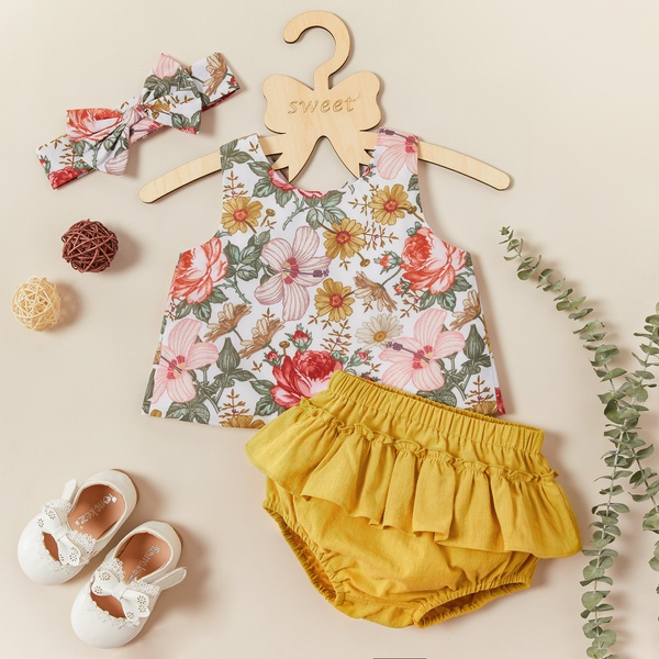 3 -piece Baby / Toddler Floral Print Sleeveless Top and Layered Shorts with Headband Set
