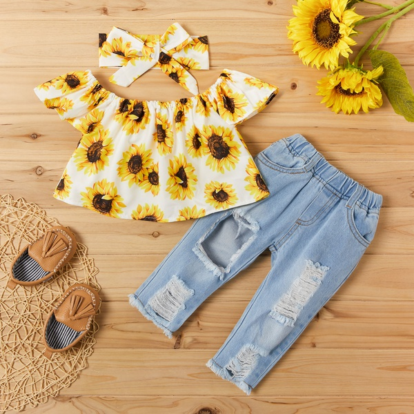 3 -piece Sunflower Print Short-sleeve Top and Jeans Set