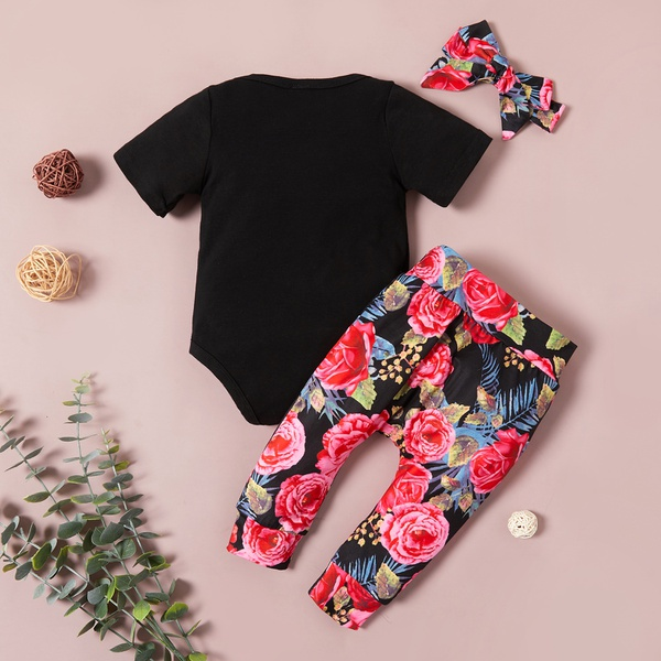 Baby 3-piece Letter Print Bodysuit and Allover Pants with Headband Set